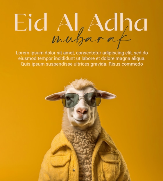 PSD Eid mubarak Eid al Adha bannière ou affiche avec des moutons portant des lunettes Joyeux eid ul adha post