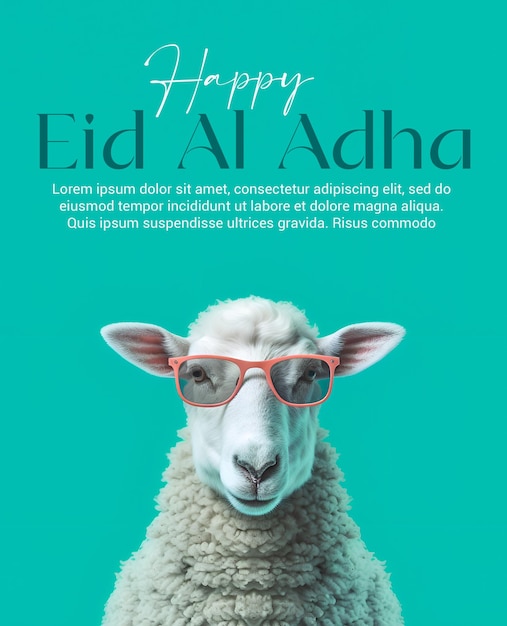 PSD psd eid mubarak eid al adha cartaz na moda ovelhas usando óculos contra fundo turquesa