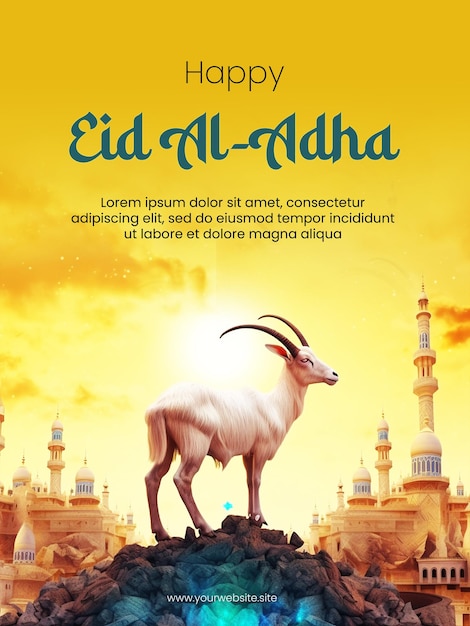 PSD psd ein fröhliches eid-aladha- oder idul-adha-poster mit einer moschee und einem ziegen- oder schafhintergrund