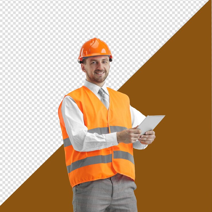PSD psd ein mann mit orangefarbenem hut und orangefarbener weste