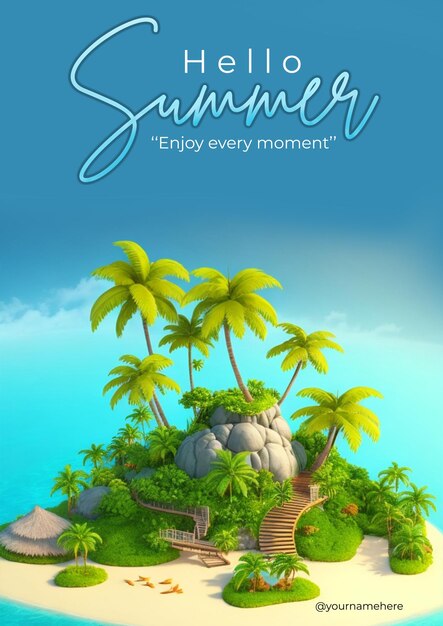 PSD psd ein poster für „hallo sommer“ mit palmen und einer strandszene