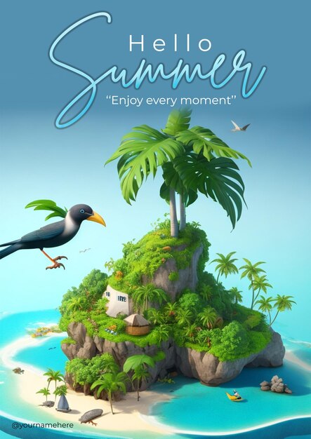 PSD psd ein poster für „hallo sommer“ mit palmen und einer strandszene