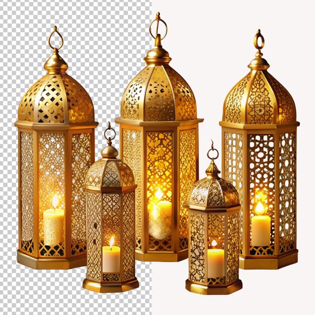 PSD psd einer alten goldenen arabischen laterne mit leuchtenden kerzen auf durchsichtigem hintergrund