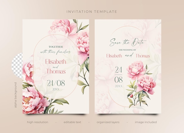 PSD-Einladungsvorlage mit Aquarellblumen, rosa Pfingstrose