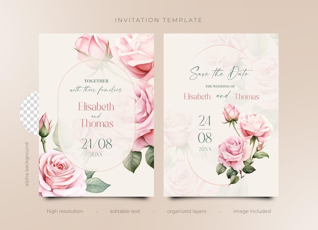 PSD-Einladungsvorlage mit Aquarellblumen, rosa Rosen