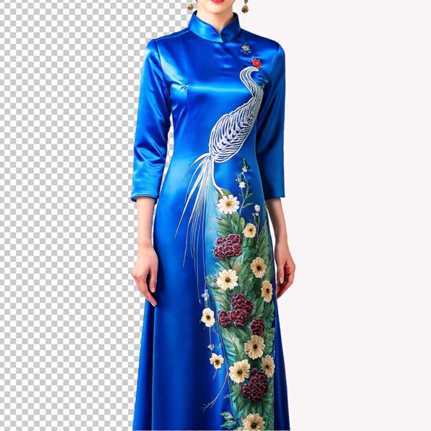 PSD psd de una elegante seda azul ao dai con bordado de pavo real en un fondo transparente