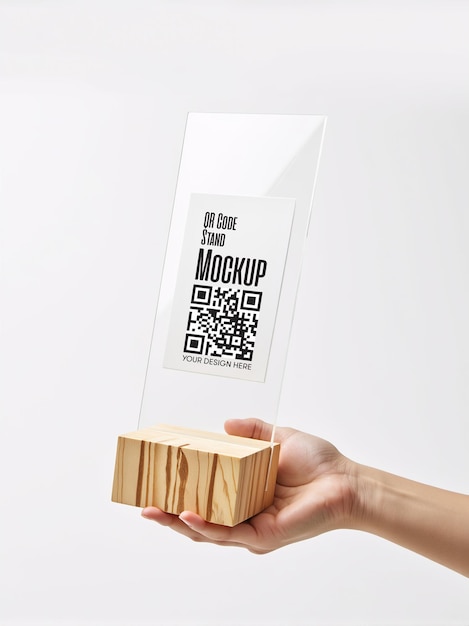 PSD Elegante stand in legno con display acrilico Mockup per il menu del codice QR