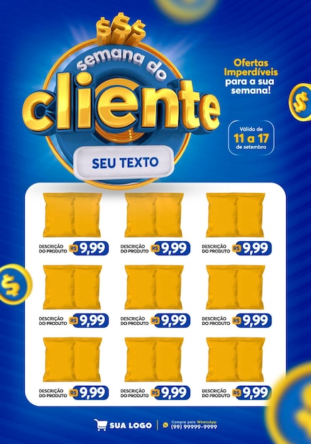 PSD psd encarte plantilla de redes sociales semana del cliente en portugués render 3d para campaña de marketing en br