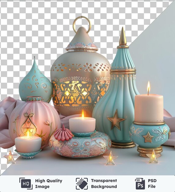 PSD psd avec un ensemble de bougies à thème eid transparent pour le ramadan avec des bougies blanches un vase bleu et une étoile dorée sur un fond transparent contre un mur blanc