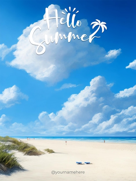 PSD psd una escena de playa con un cielo azul y un texto de hola verano