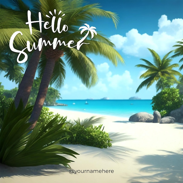 PSD psd una escena de playa con palmeras y las palabras hola verano en ella