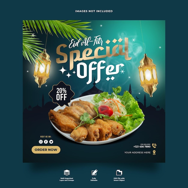 PSD especial Eid al fitr comida islámica diseño de plantilla de post de banner de comida de restaurante de Instagram