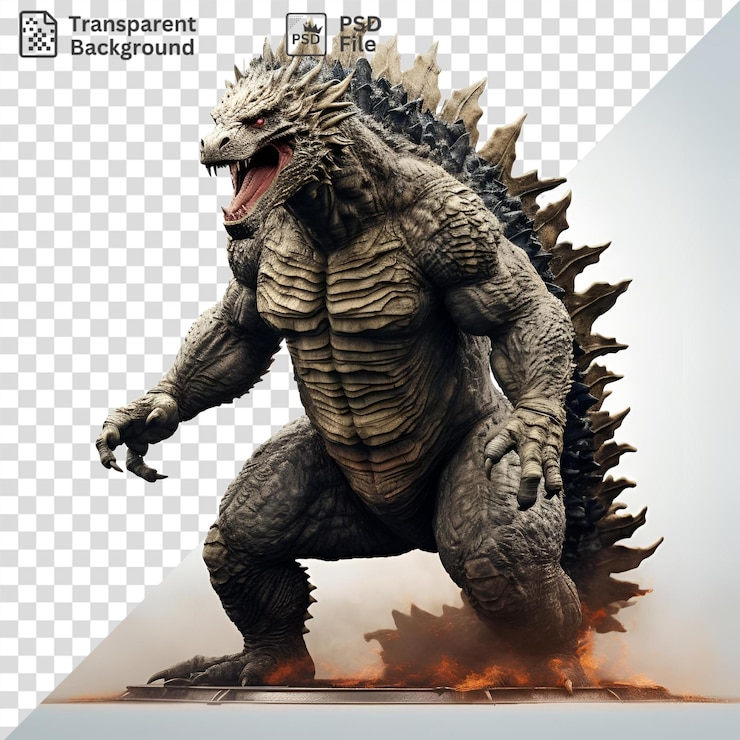 PSD psd una estatua de godzilla se encuentra erguida contra un cielo azul claro con un pie y una pierna negras visibles en primer plano y una boca abierta en el fondo