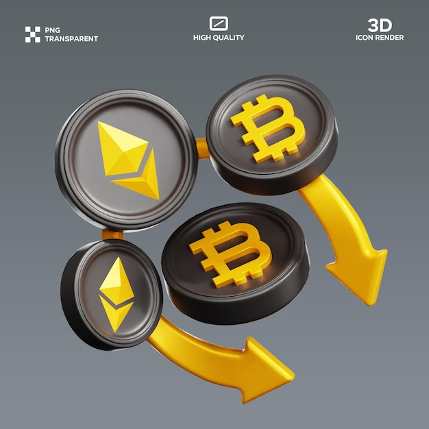 PSD Ethereum Bitcoin vers le bas illustration 3D
