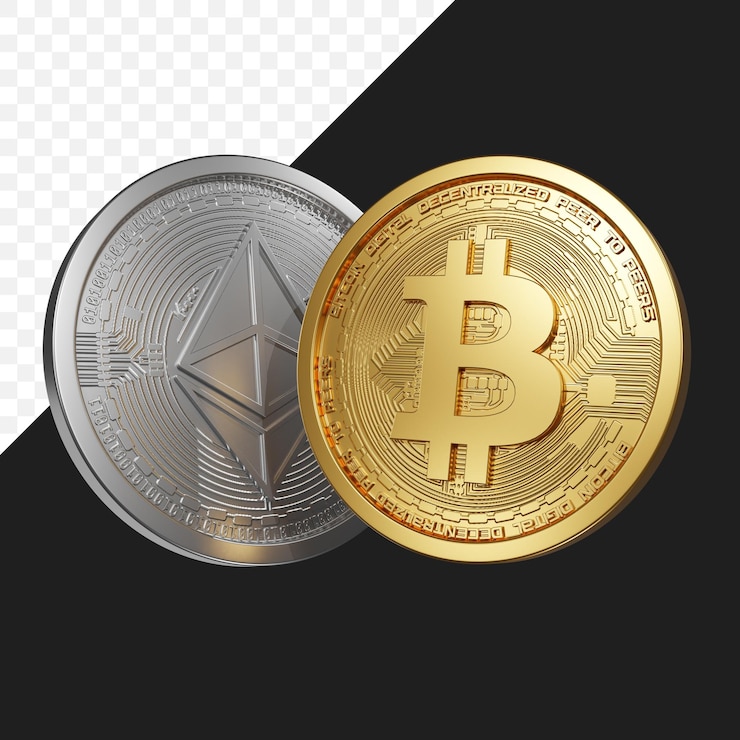 PSD Ethereum e Bitcoin monete 3d nell'aria sfondo trasparente