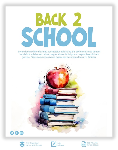 PSD evento de regreso a la escuela con libros de acuarela y manzana para plantilla de publicación en redes sociales