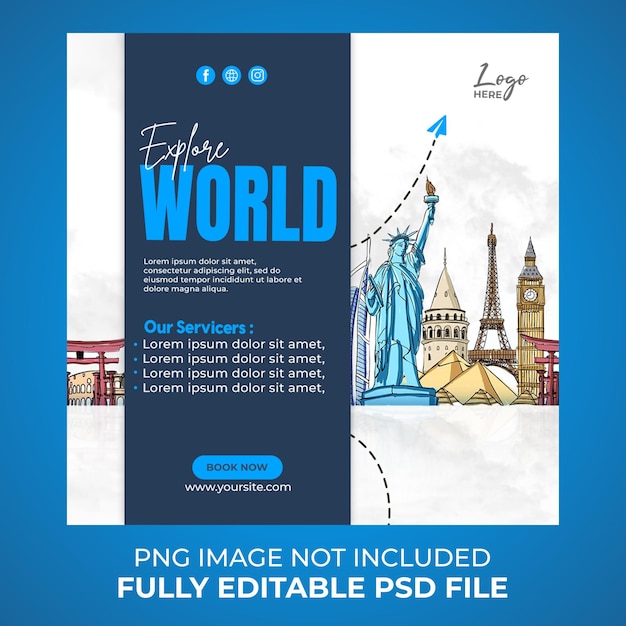PSD explorar el mundo de la gira de las redes sociales plantilla cuadrada completamente editable archivo PSD imagen PNG no incluido