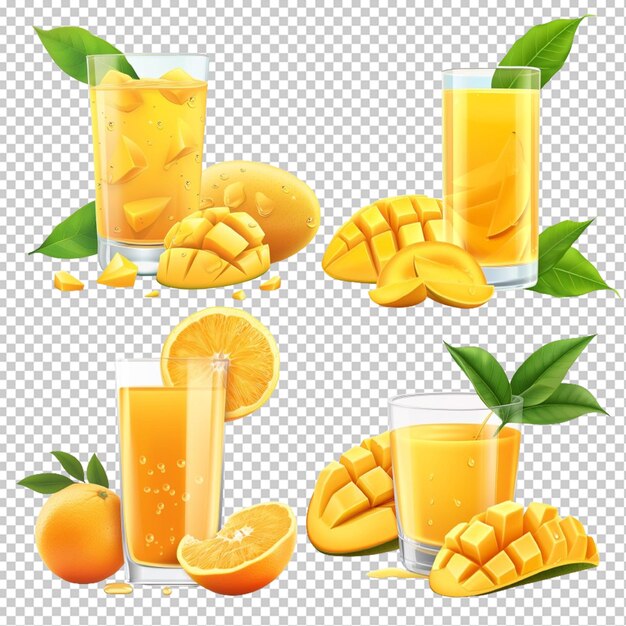 Psd fatia de fruta de laranja e copo de suco com salpicos e gotas voando vetor 4k em fundo branco