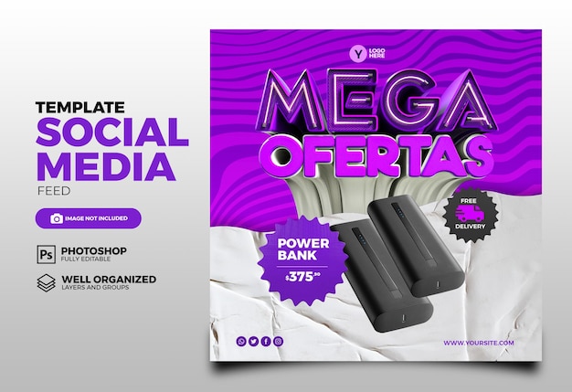 PSD psd feed mega offer 3d render stamp design de modelo de mídia social com até 50 de desconto