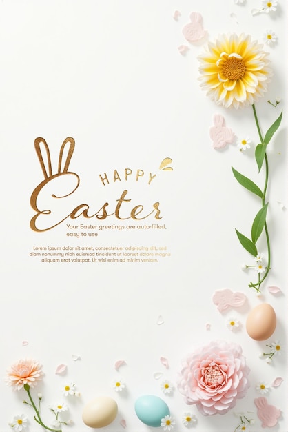 PSD Felice Pasqua Poster giocoso di coniglietto e uova Scarica e personalizza