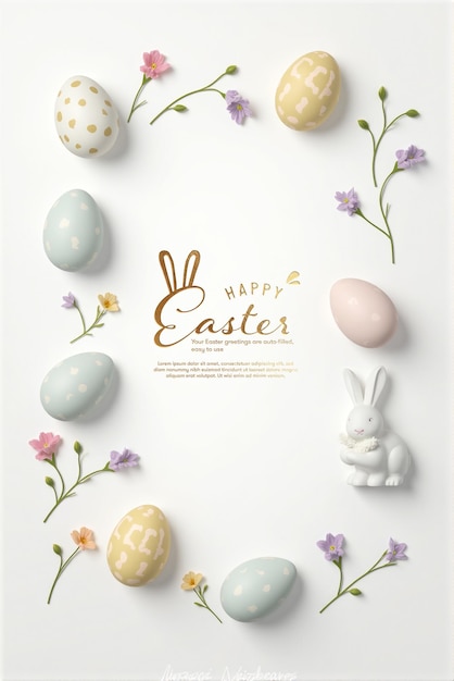 PSD Felice Pasqua Poster giocoso di coniglietto e uova Scarica e personalizza