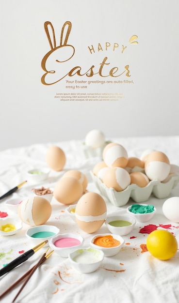 PSD Felice Pasqua Poster giocoso di coniglietto e uova Scarica e personalizza