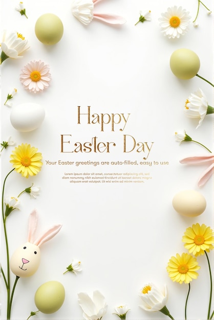 PSD Felice Pasqua Poster giocoso di coniglietto e uova Scarica e personalizza