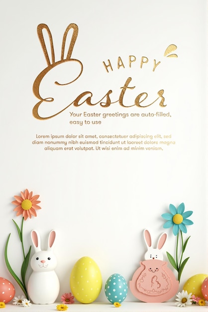 PSD Felice Pasqua Poster giocoso di coniglietto e uova Scarica e personalizza