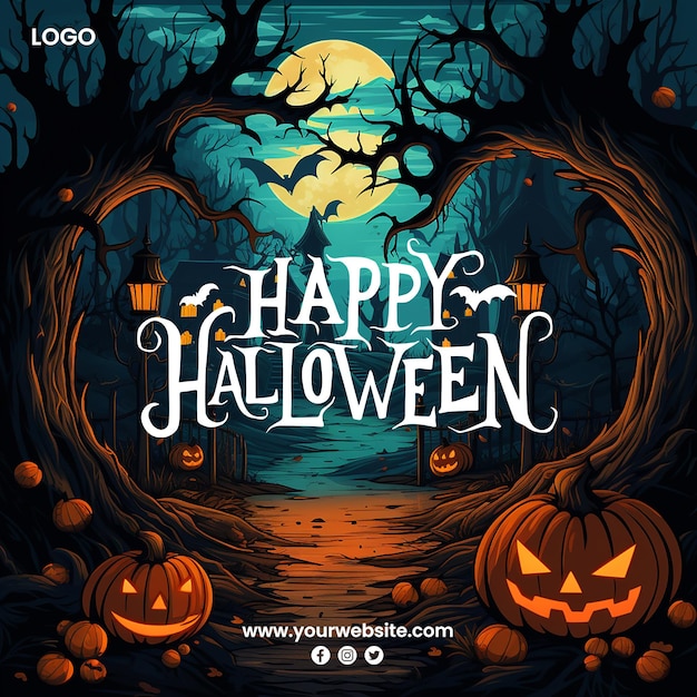 PSD felice poster di halloween con zucca malvagia