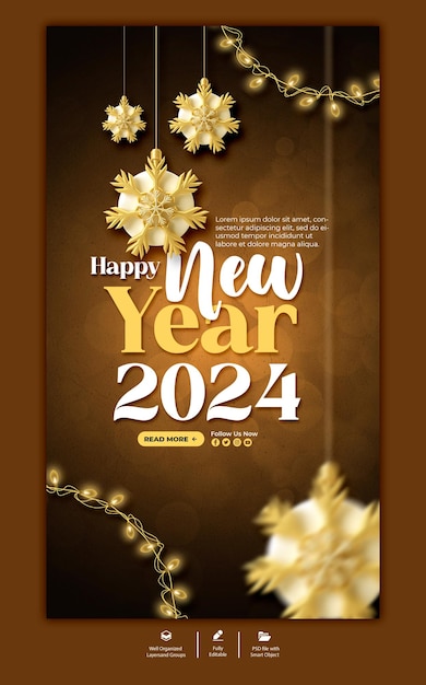 PSD feliz ano novo 2024 modelo de história do instagram
