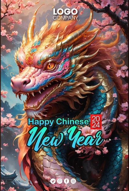 PSD psd feliz ano novo chinês 2024 o signo do zodíaco do dragão com elementos asiáticos de lanterna floral