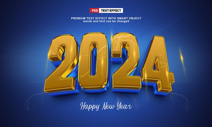 PSD psd feliz año nuevo 2024 efecto de estilo de texto