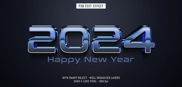 PSD feliz año nuevo 2024 efecto de metal brillante con estilo 3D editable