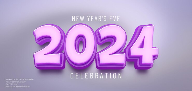 PSD psd feliz año nuevo 2024 efecto de texto 3d con color de gradación púrpura en el número
