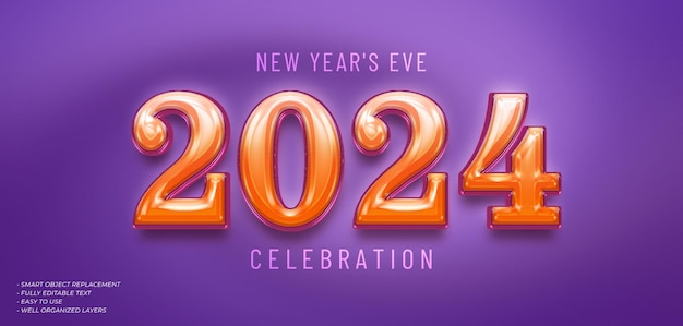 PSD feliz año nuevo 2024 efecto de texto 3D con color de gradiente en el número