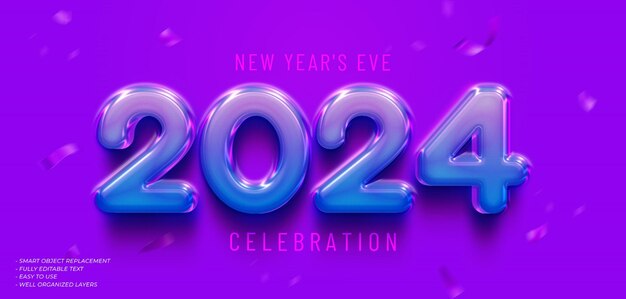 PSD feliz año nuevo 2024 efecto de texto 3D con púrpura brillante en el número