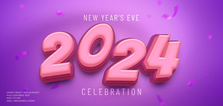 PSD psd feliz año nuevo 2024 efecto de texto 3d con tema de color rosa