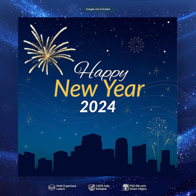 PSD feliz año nuevo elegante diseño de publicación de redes sociales o plantilla de banner
