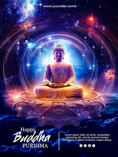 PSD Feliz cartel de buddha purnima con fondo de buda