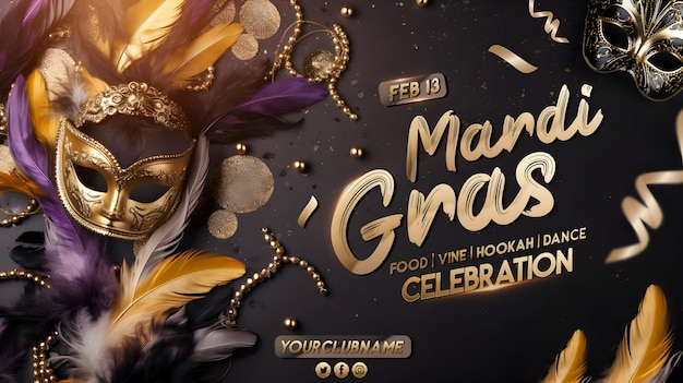 PSD psd feliz celebração de mardi gras design de banner de mídia social com texto editável e máscara de carnaval