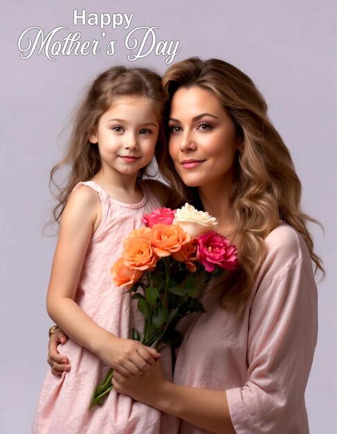 PSD Feliz concepto de día de la madre hermosa madre e hija juntos con flores