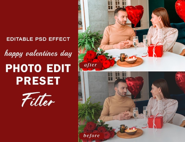 PSD psd feliz dia dos namorados edição de fotos filtro pré-definido para red love couple romance rose day filtro de fotos