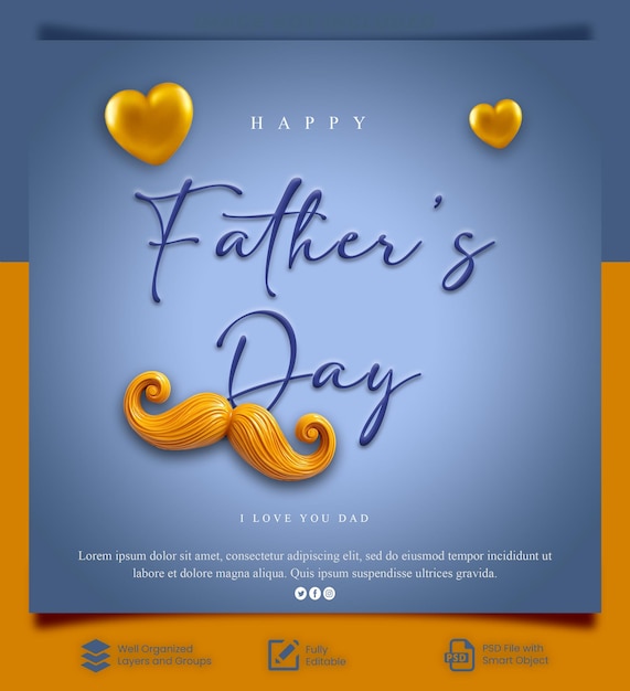 PSD Feliz Día del Padre Diseño de póster de redes sociales con saludo de texto del Día del Padre plantilla de Día del Padre