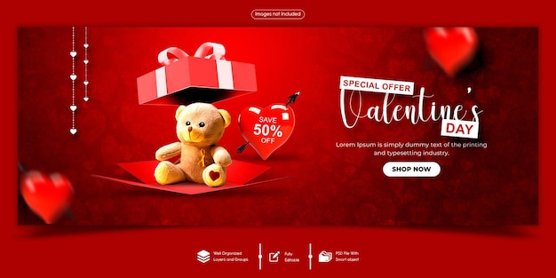 Psd feliz día de san valentín descuento venta de portada de facebook plantilla de banner