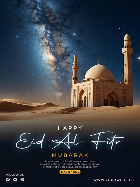 Psd feliz eid alfitr plantilla de póster con fondo de la mezquita