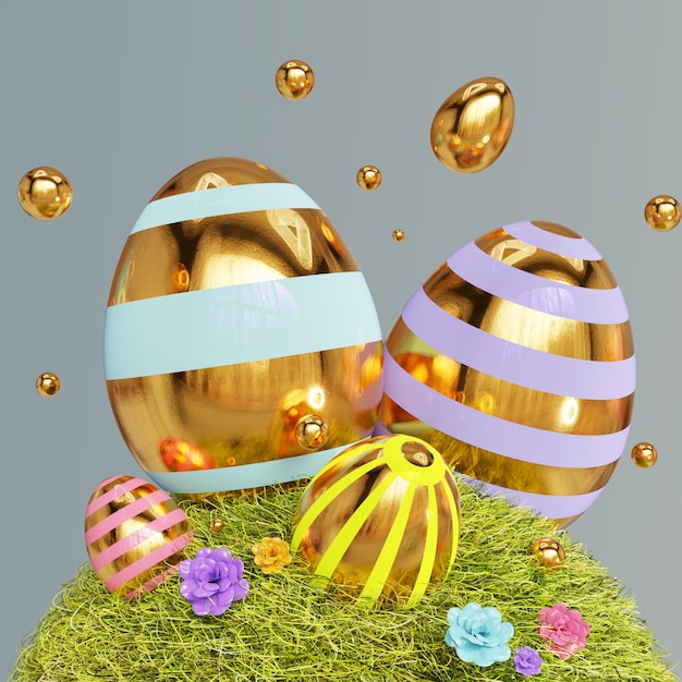 PSD feliz estandarte de Pascua con huevos en colores pastel y una canasta en fondo verde renderización 3D