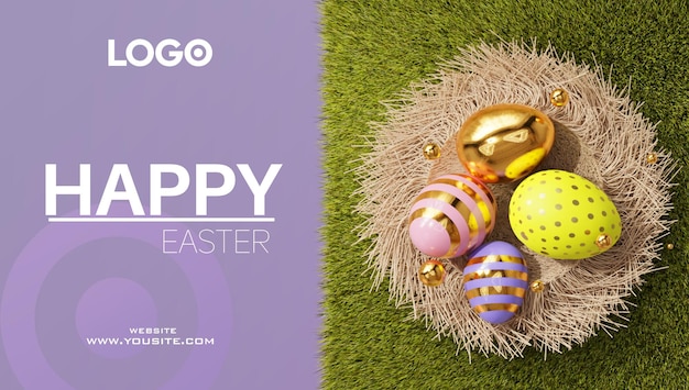PSD feliz estandarte de Pascua con huevos en colores pastel y una canasta en fondo verde renderización 3D
