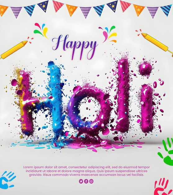 PSD Feliz festival de Holi postagem de mídia social com o texto editável e pó colorido de Holi