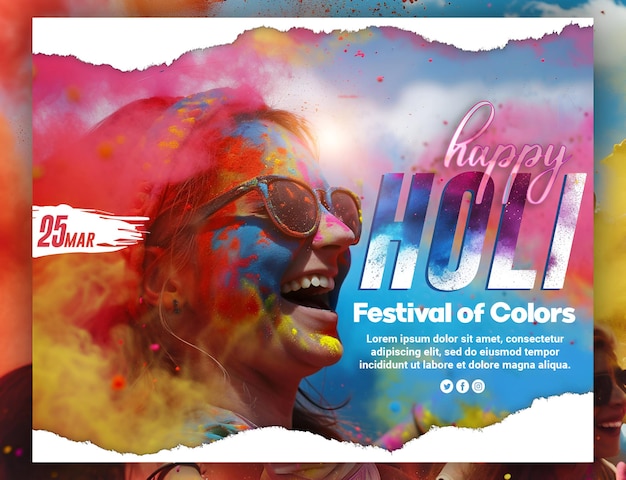 Psd feliz holi celebração de festival colorido indiano folheto de festa holi fundo com texto editável