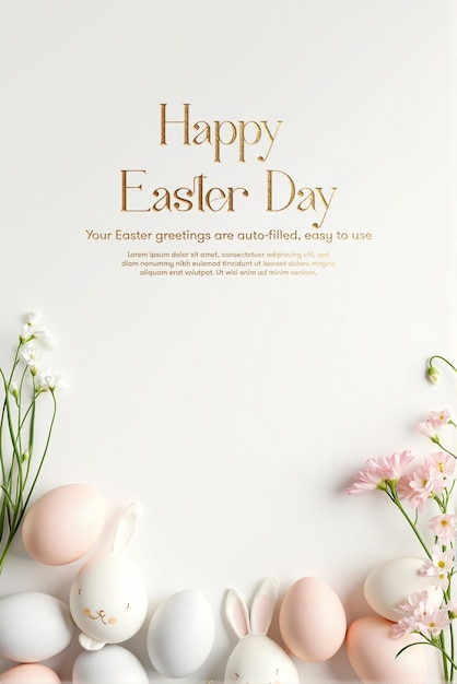 PSD Feliz Pascua Conejo juguetón y huevos póster Descargar y personalizar